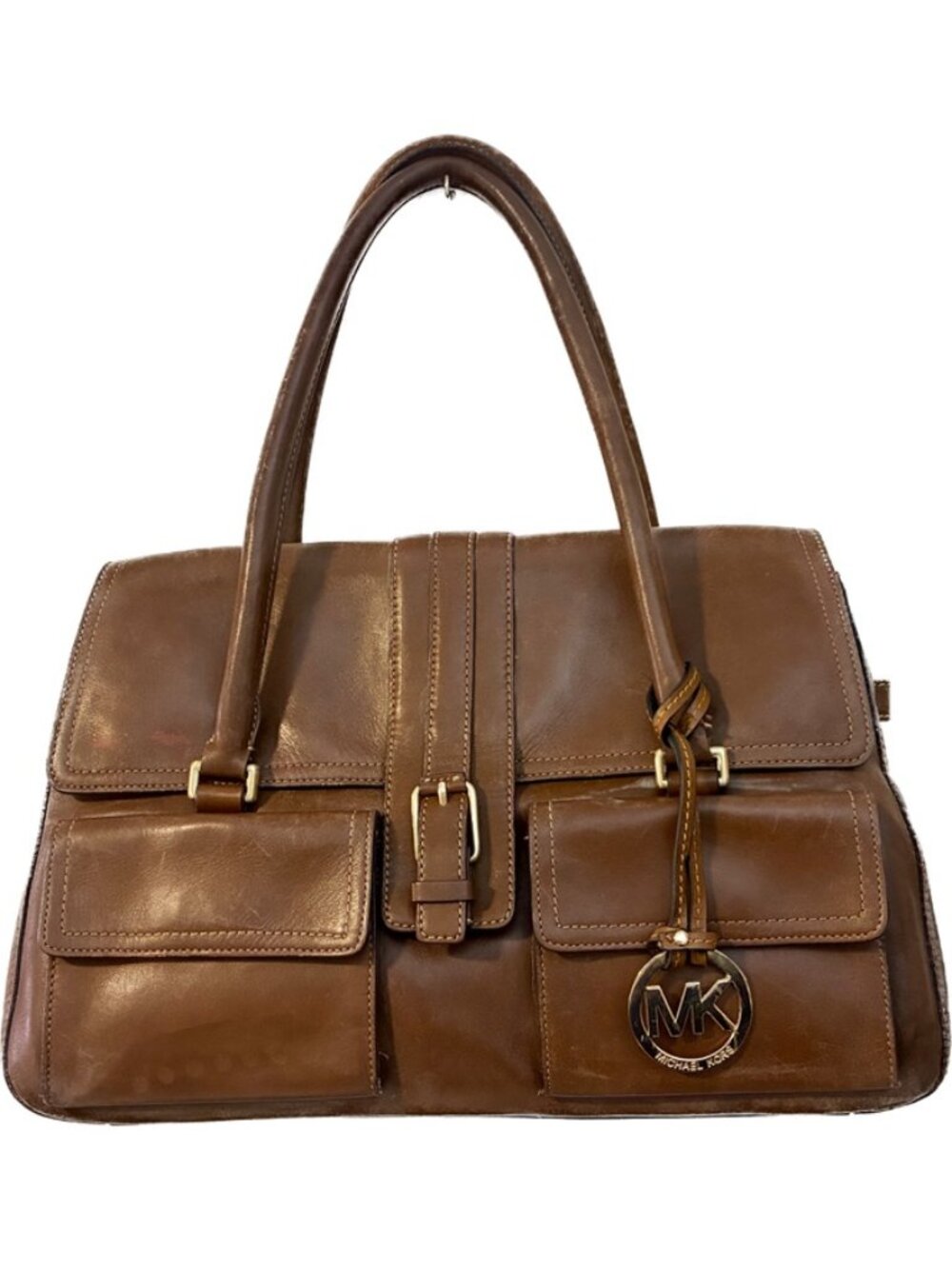 Michael Kors Cognac Brown Leather Satchel Shoulder Bag MK Charm